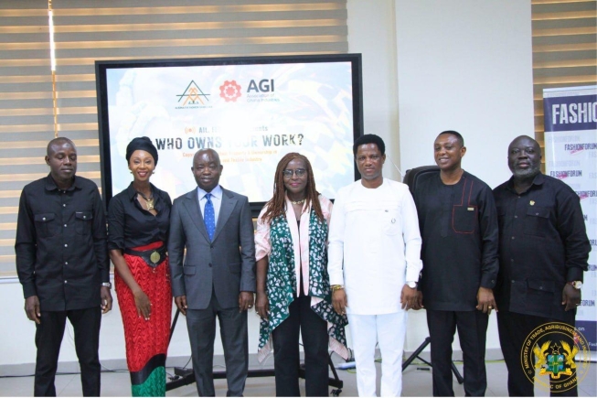 From left to right: Mr. Issah Mahama, Copyright Ghana Office, Makeba Boateng, Founder, Fashion Forum Ghana, Lead Curator, Alt.FFF, Hon. Sampson Ahi, Dep. Minister for Trade, Agribusiness, &amp; Industries, Edwina Assan, AGI Sector Chair, Garment, Textile &amp; Leather, Dr. Arhin Benjamin Oduro (BNOSKKA), Mr. Carl Ampah, UNESCO Ghana Office, and Dr. Richardson Commey Fio, Cultural Policy Expert