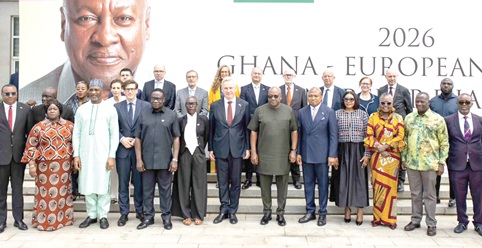 President John Dramani Mahama (arrowed) and Rune Skinnebach (7th from right), the EU Ambassador, with ministers and officials of the EU