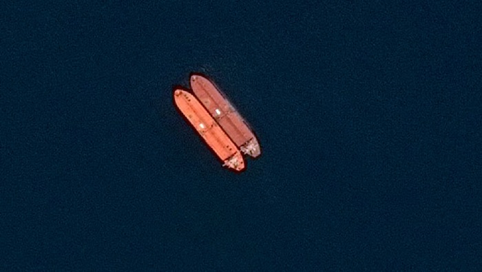A satellite image of side-by-side ships at sea, off the coast of Sohar, Oman, June 9, 2026. SPOT © CNES 2026, Distribution Airbus DS/Handout via REUTERS