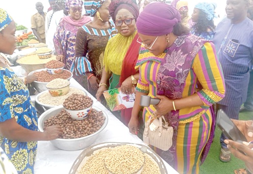 Fatahiya Abdul Aziz  (right), Member of Parliament for Savelugu, and Patricia Appiagyei (2nd from right), Deputy Minority Leader, supported by other dignitaries to inspect an exhibitions mounted as part of the conference