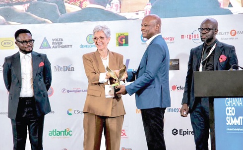 Jolanda Castagna (2nd from left), CEO, Akka Kappa Ghana, receiving the Best CEO of the Year award in the Real Estate Brokerage category at the 10th CEO Summit. With him is Ernest De-Graft Egyir (left), founder, Ghana CEO Summit, and Prof. Ernest Kofi Abotsi (right), Dean, UPSA Law School