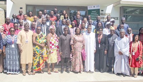 Dr Mohamed Ibn Chambas (5th from right), African Union High Representative for Silencing the Guns, with Rita Naa Odoley Sowah (middle), Deputy Minister of Local Government, Chieftaincy and Religious Affairs; Bankole Adeoye (5th from left), Commissioner for Political Affairs, Peace and Security, and other officials after the event. Picture: CALEB VANDERPUYE 