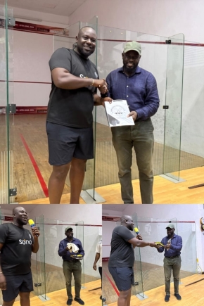 Kobby Nimo (Club Controller, Achimota Squash Club, Ghana) handing over copy of their constitution, squash items to Sesan Asani (Chairman, Squash Section, Lagos Country Club/Champion, WorkNigeria Annual Squash Ladder Tournament 2026) in Lagos on Wednesday, June 24, 2026
