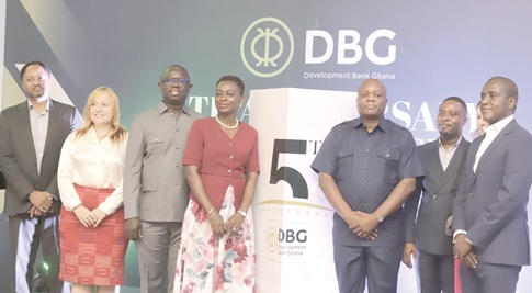 Prof. Randolph Nsor-Ambala (3rd from right), Chief Executive Officer, Development Bank Ghana; Gifty N. Sekyere (4th from left), Head, Development Finance Unit, Financial Sector Division, Ministry of Finance, and other dignitaries after officially launching the DBG 5th Anniversary. Picture: EDNA SALVO KOTEY