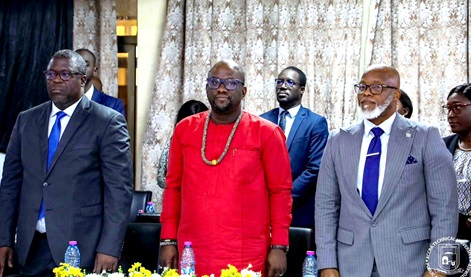 Mohammed Kai Samba (left), High Commissioner of Seirra Leone to Ghana; Prof. Amevi Acakpovi (middle), Vice-Chancellor, ATU, and others at the signing event