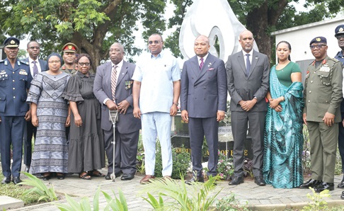 Samuel Okudzeto Ablakwa (4th from right), Minister of Foreign Affairs, with Ernest Brogya Genfi (middle), Deputy Defence Minister; Rosemary Mbabazi (2nd from right), Rwandan High Commissioner to Ghana; Dr Emmanuel Ugirashebuja (3rd from right), Minister of Justice and Attorney General, Rwanda; Major General Henry Anyidoho (rtd) (4th from left), and some senior military officers and some family members of the Ghana contingent who served in Rwanda. Picture: BENEDICT OBUOBI