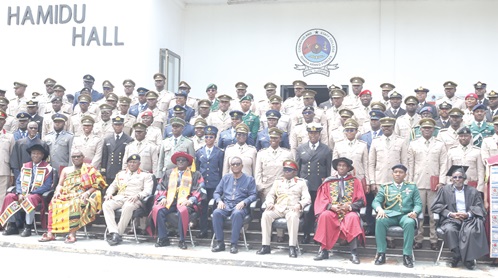 Brig. Gen Adjetey Annan (rtd) (middle) with AVM Felix Asante (4th from left), President, National Defence University; Major General Wonje, (4th from right), Commandant, GAFCSC, and some invited guests, senior military officers and the graduates after the ceremony. Picture: BENEDICT OBUOBI