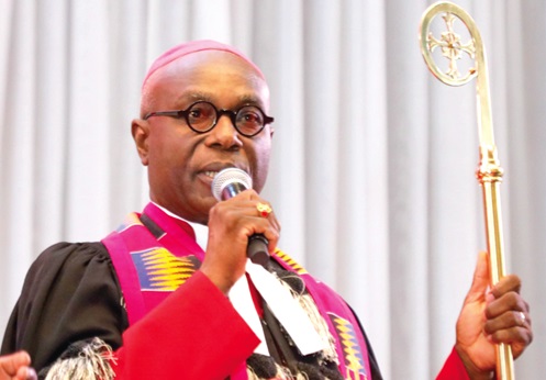 Most Reverend Prof. Kwabena Asamoah-Gyadu (inset), Presiding Bishop of the Methodist Church Ghana, speaking at the commissioning and commendation service. Picture: ELVIS NII NOI DOWUONA 