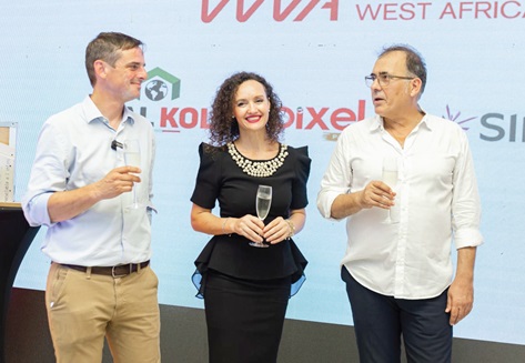 Enkelejda Xhebexhiu (middle), Managing Director &amp; Co-Founder, Velo West Africa Group, with Benjamin Naas (left), Export and Business Development Manager, Etex Building Performance, and Myzafer Ati Velaj, Director &amp; Co-Founder, Velo West Africa Group, at the anniversary celebration