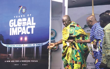 Otumfuo Osei Tutu II, the Asantehene, and Akyamfuor Asafo Boakye Agyemang-Bonsu, Council Chairman, KNUST, in a chat, after unveiling a giant prototype of the KNUST Book (left).‎ Pictures: EMMANUEL BAAH