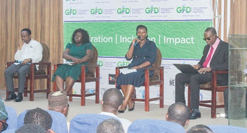 Khadijah Jalcaliah (2nd from right), representative of the office of the Attorney General, in a panel discussion with Edwin Kwaku Andoh (left), acting Executive Secretary, National Council for Persons with Disabilities, and Demakpor Anaglate (2nd from left), representative of NETRIGHT. Picture: ERNEST KODZI