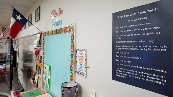 A copy of the Ten Commandments is displayed in a Texas classroom