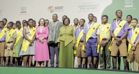 Prof. Naana Jane Opoku-Agyemang (6th from right), Vice-President, with Dr Clement Abas Apaak (7th from right), Deputy Minister of Education; Salomé Azevedo (5th from left), Managing Director of Nestlé Ghana Ltd, and the awardees. Picture: ELVIS NII NOI DOWUONA 