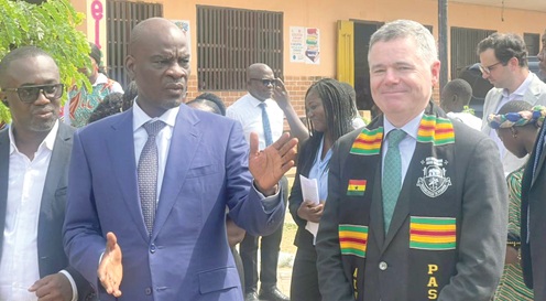 Haruna Iddrisu (2nd from left), Minister of Education, explaining a point to Paschal Donohoe (right), Managing Director and Chief Knowledge Officer of the World Bank Group, during the visit