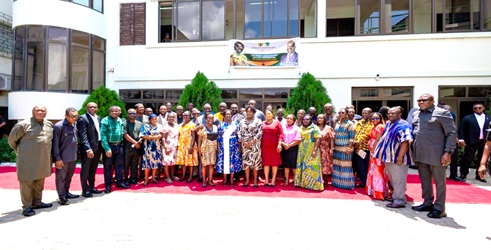Professor Naana Jane Opoku-Agyemang (arrowed), the Vice-President, speaking during her working visit to the Ministry of Food and Agriculture