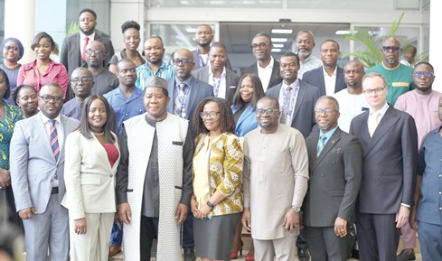 Edmund Yirenkyi Fianko (4th from right), Director-General, National Communications Authority, with Mavis Ampah (4th from left), Board Chair, NCA; Edmound Moukala, Head of UNESCO in Ghana, and other stakeholders during the 2026 World Telecommunication and Information Society Day Celebration. Picture: BENEDICT OBUOBI