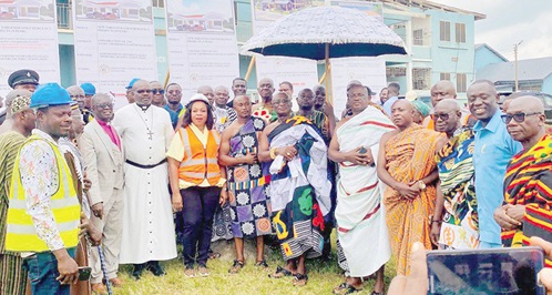 Eunice Ohenewaa Ansu (arrowed), MCE for Juaben, with some of the chiefs and guest after the sod cutting ceremony