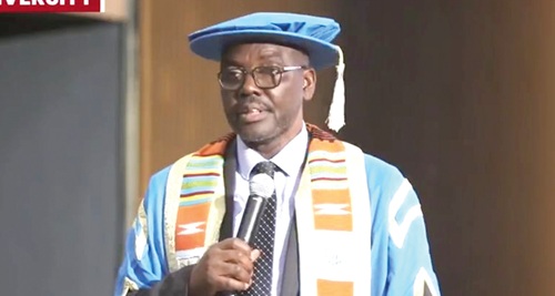 Prof. William Otoo Ellis (left), Chairman of the Governing Council of Pentecost University, delivering his speech at the graduation ceremony