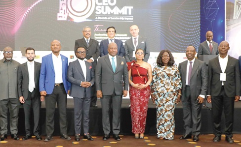 President John Dramani Mahama (middle); Ernest De-Graft Egyir (4th from left), Founder, Ghana CEO Summit; Elizabeth Ofosu-Adjare (3rd from right), Minister of Trade, Agribusiness and Industry; Anthony Kwasi Sarpong (left), Commissioner-General, Ghana Revenue Authority, and some officials at the summit in Accra. Picture: ELVIS NII NOI DOWUONA 