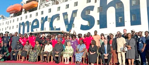 President John Mahama (arrowed) with dignitaries after the ceremony to welcome the Mercy Ship at the Tema Port President John Mahama (arrowed) with dignitaries after the ceremony to welcome the Mercy Ship at the Tema Port