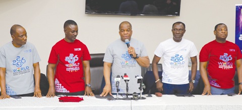 Rev. Stephen Yenusom Wengam (middle), General Superintendent, Assemblies of God, addressing the press conference. With him are Rev. Dr Kwadwo Boateng Bempah (2nd from right), Assistant General Superintendent; Rev. Dr Albert Anane (2nd from left), General Secretary, and other leadership of the Assemblies of God. Picture: ELVIS NII NOI DOWUONA 