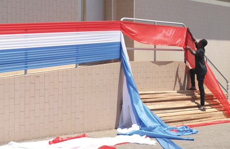 NPP colours draped on all available space at the Baba Yara Stadium