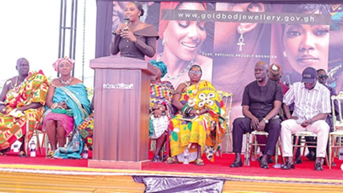 Gertrude Emefa Donkor, Managing Director of GoldBod Jewellery, speaking at the opening of the showroom in Takoradi