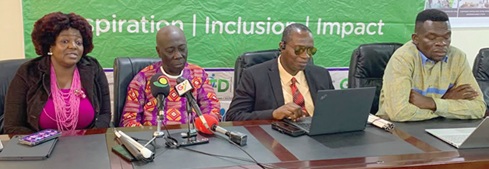 Yaw Ofori Debrah (2nd from left), former President of GFD, addressing the press conference. With him is Alex Williams (2nd from right), Chairperson, GFD National Advocacy Committee