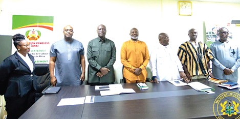 Dr Cassiel Ato Forson (3rd from left), Finance Minister, Thomas Nyarko Ampem, (2nd from left), Deputy Finance Minister, with Joshua Ansah (3rd from right), Secreatary-General, TUC, and other union leaders after the meeting