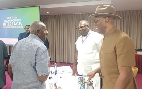 Jabesh Amissah-Arthur (right), Board Chairman, VRA, interacting with Alhaji Collins Dauda (left), Member of Parliament, Asutifi South Constituency, and Edward Ekow Obeng-Kenzo (middle), Chief Executive, VRA, after the VRA's 16th stakeholders interface and annual general meeting