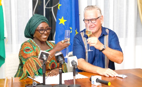 Rune Skinnebach (right), European Union Ambassador to Ghana, and Abla Dzifa Gomashie, Minister of Tourism, Culture and Creative Arts, raising a toast after launching the EU Film Festival Ghana 2026. Picture: ELVIS NII NOI DOWUONA 