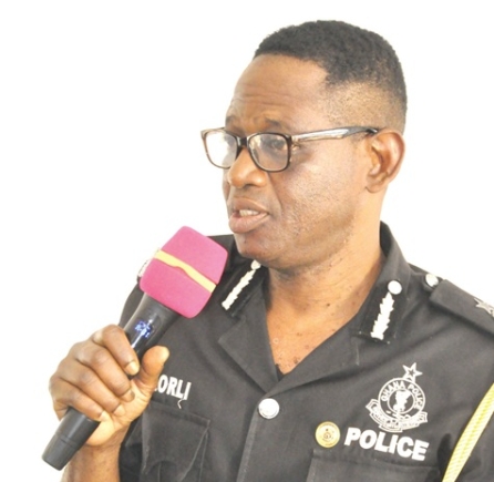 DCOP Wisdom Akorli (right), Volta Regional Police Commander, addressing the police officers