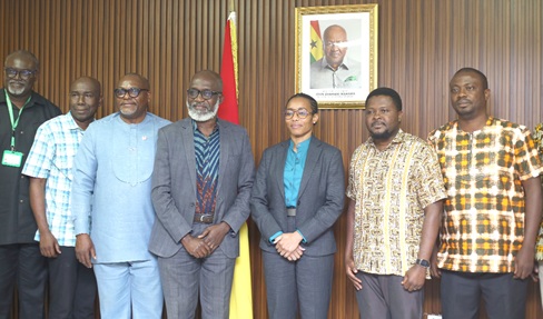 Dr Zanetor Rawlings (3rd from right), Minister of Environment, Science and Technology, with Prof. Samuel Boakye Dampare (middle), Director-General, Ghana Atomic Energy Commission; Dr Joseph Bremang (2nd from right), Director, Ghana Space Science and Technology Institute,­ and other members from the Ghana Atomic Energy after the press engagement. Picture: BENEDICT OBUOBI
