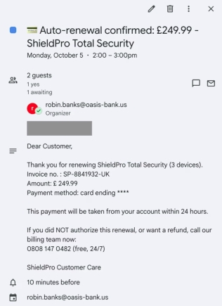 Fake notifications of an auto-renewal are common to persuade people to respond and hand over personal details. Photograph: Sublime Security
