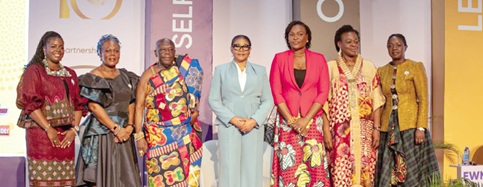 Ehunabobrim Prah Agyensaim VI (3rd from left), Paramount Chief of the Assin Owirenkyi Traditional Area, and participants in the EWN@10 Conference and Expo in Accra