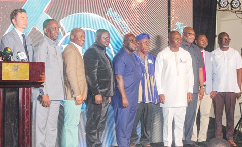 Julius Debrah (5th from left), Chief of Staff; Albert Kwabena Dwumfour (4th from left), President, GJA; Alexander Afenyo Markin (4th from right), Minority Leader; Dr Randy Abbey (3rd from right), CEO, COCOBOD; Felix Kwakye Ofosu (3rd from left), Government Spokesperson; Alex Apau Dadey (2nd from left), Chairman, KGL, and other dignitaries. Picture: ERNEST KODZI