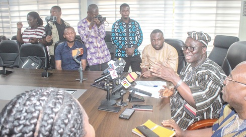 Eric Opoku (right), Minster of Food and Agriculture, briefing the media on state of affairs at the ministry. Picture: ERNEST KODZI