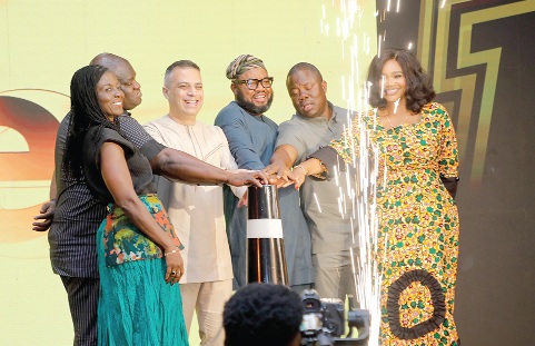 Ibrahim Misto (3rd from left), Chief Digital Officer, MTN Ghana, with Mohammed Adams Sukparu (3rd from right), Deputy Minister for Communication, Digital Technology and Innovations; Yussif Issaka Jajah (2nd from right), Deputy Minister of Tourism, Culture and Creative Arts, and some dignitaries at the launch of MTN One TV. Picture: ELVIS NII NOI DOWUONA 