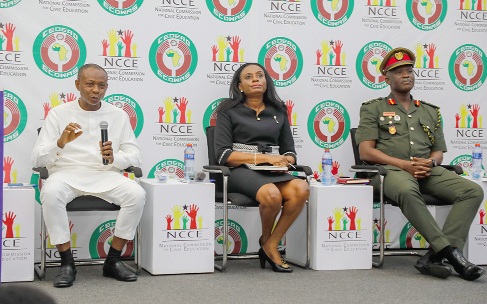 Dr Mustapha Abdallah (left), Senior Researcher and Peace Security Expert, Kofi Annan International Peacekeeping Training Centre, addressing the forum. Picture: ELVIS NII NOI DOWUONA 