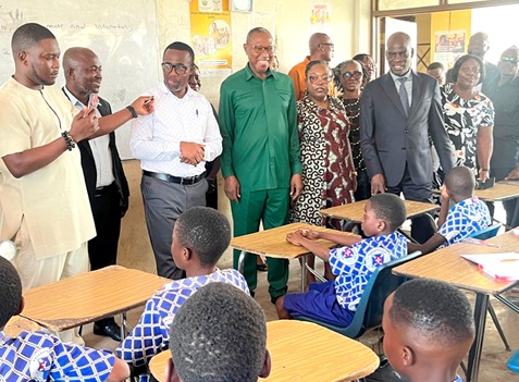 Haruna Iddrisu (2nd from right), Minister of Education, with Dr Clement Apaak (4th from left), Deputy Minister of Education, and other officials at the Osu Salem Presby School