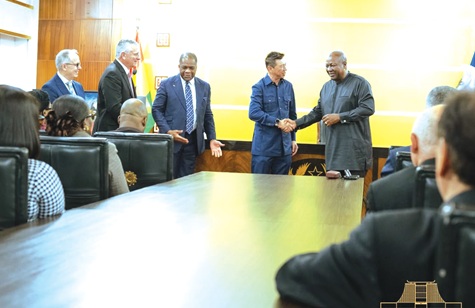 Rev. Stephen Wengam (3rd from left), General Superintendent of Assemblies of God, Ghana, introducing Rev. Dominic Yeo (2nd from right), Chairman, World Assemblies of God Fellowship, to President John Dramani Mahama (right) during the event. Looking on are the Executive Committee members