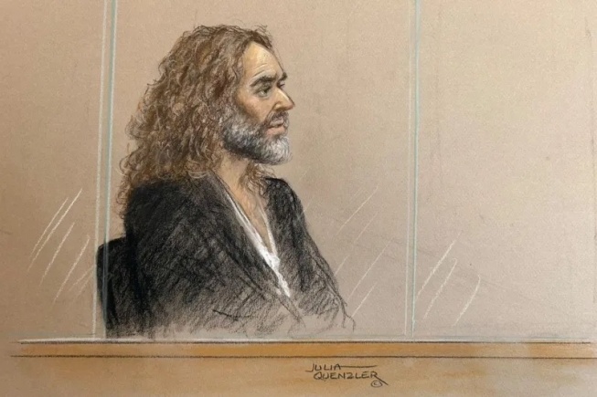 Russell Brand pictured in the dock on Wednesday in a court sketch