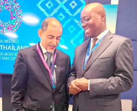 Zeine Zeidane (left), Director, IMF’s African Department, interacting with Dr Cassiel Ato Forson (right), Minister of Finance, after the meeting on the sidelines of the IMF–World Bank Annual Meetings in Bangkok, Thailand