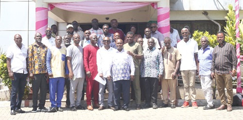 Nana Opare Kwafo (middle), Chairman, Ghana Chamber  of Construction, with some contractors at the Ministry of Roads and Highways, after their meeting with the Deputy Minister. Picture: BENEDICT OBUOBI