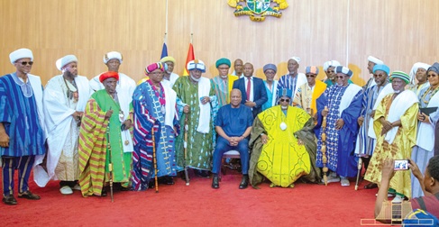 President John Mahama (seated left) with Kampakuya-Naa Yakubu, Regent of Dagbon, and some Paramount Chiefs and members of the Northern Regional House of Chiefs