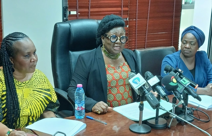 Mrs Appiagyei (middle), the Deputy Minority Leader, adressing the press. Flanking her are some members of the Minority Women's Caucus