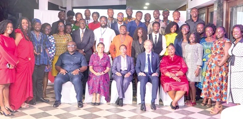 Dr Zanetor Agyeman-Rawlings (seated middle); Dr Christian Rogg (seated 2nd from right); Prof. Eric Opoku Mensah (seated left); Rebecca Ekpe (seated right), with other speakers and fellows at the event