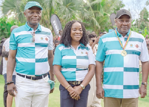 President John Mahama (right) with Kofi Adams (left), Minister of Sports and Recreation, and Sylvia Inkoom, CEO of First National Bank