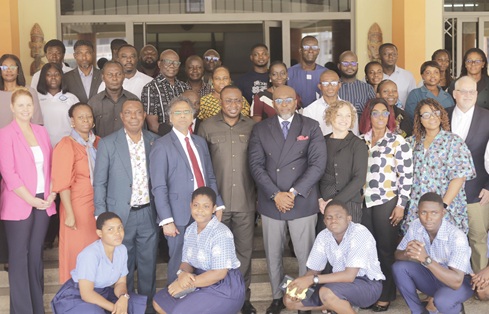 Phil S. Agbeko (4th from right), Chief Executive Officer of Hilltop Global Group; Karen McBride (left), Executive Director of Community Colleges for International Development; Professor Ben Q. Honyenuga (3rd from left), Vice-Chancellor of Ho Technical University, with other dignitaries and participants during the ceremony Picture: EDNA SALVO KOTEY 