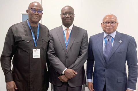 Dr Ekwow Spio-Garbrah (left), Presidential Special Envoy for Reparations, with Dr Cassiel Ato Baah Forson (middle), Finance Minister; and Jean-Marie Coulbary (right), Founder, United World Holdings, after a meeting at the IMF/World Bank annual meeting in Bangkok, Thailand